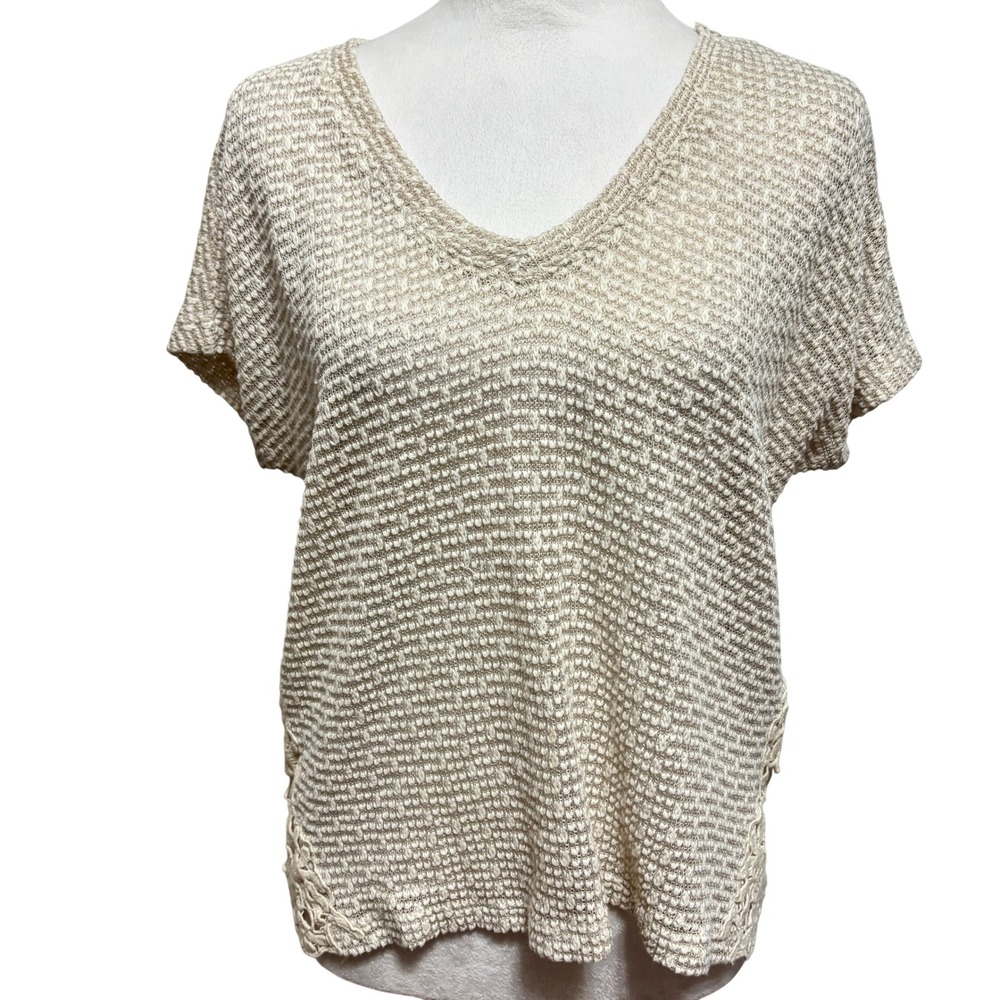 American Eagle Short Sleeve Sweater Cream Crochet Lace Boho Coastal Casual Small